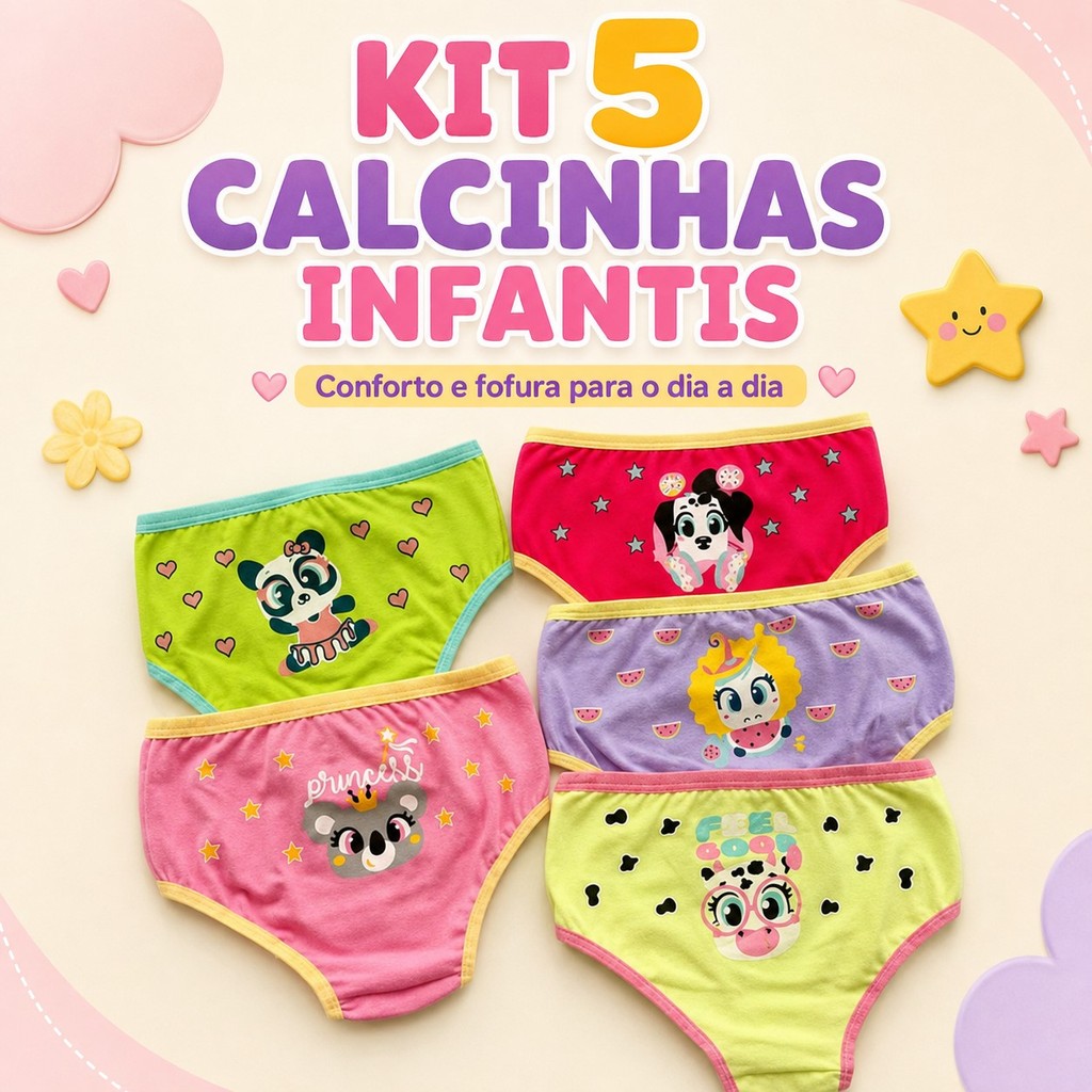 Kit Calcinha Infantil Menina Kit com 5 Calcinhas Criança Desfralde Algodão Muito Confortável