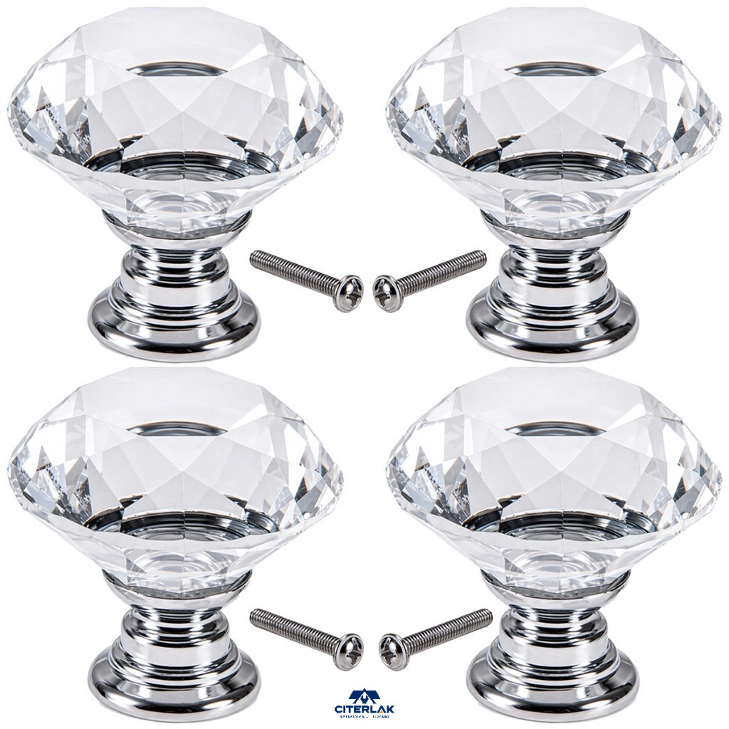 Kit 4 Puxador de Cristal 30mm Cromado Para Gaveta Armário Moveis Banheiro