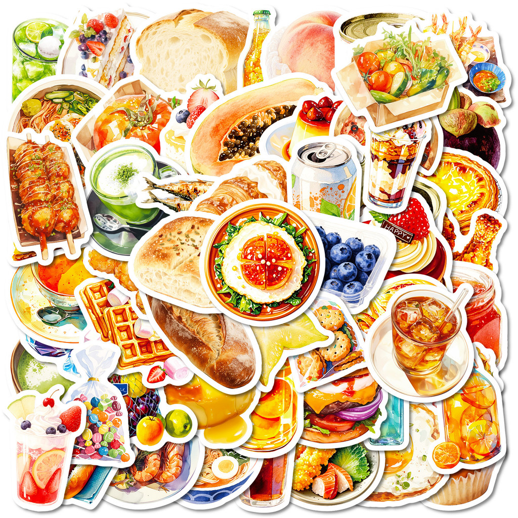 56 Unidades De Adesivos De Comida Realistas , Decalques Criativos De Bolos , Pães E Bebidas Para Registro No Diário , Sk