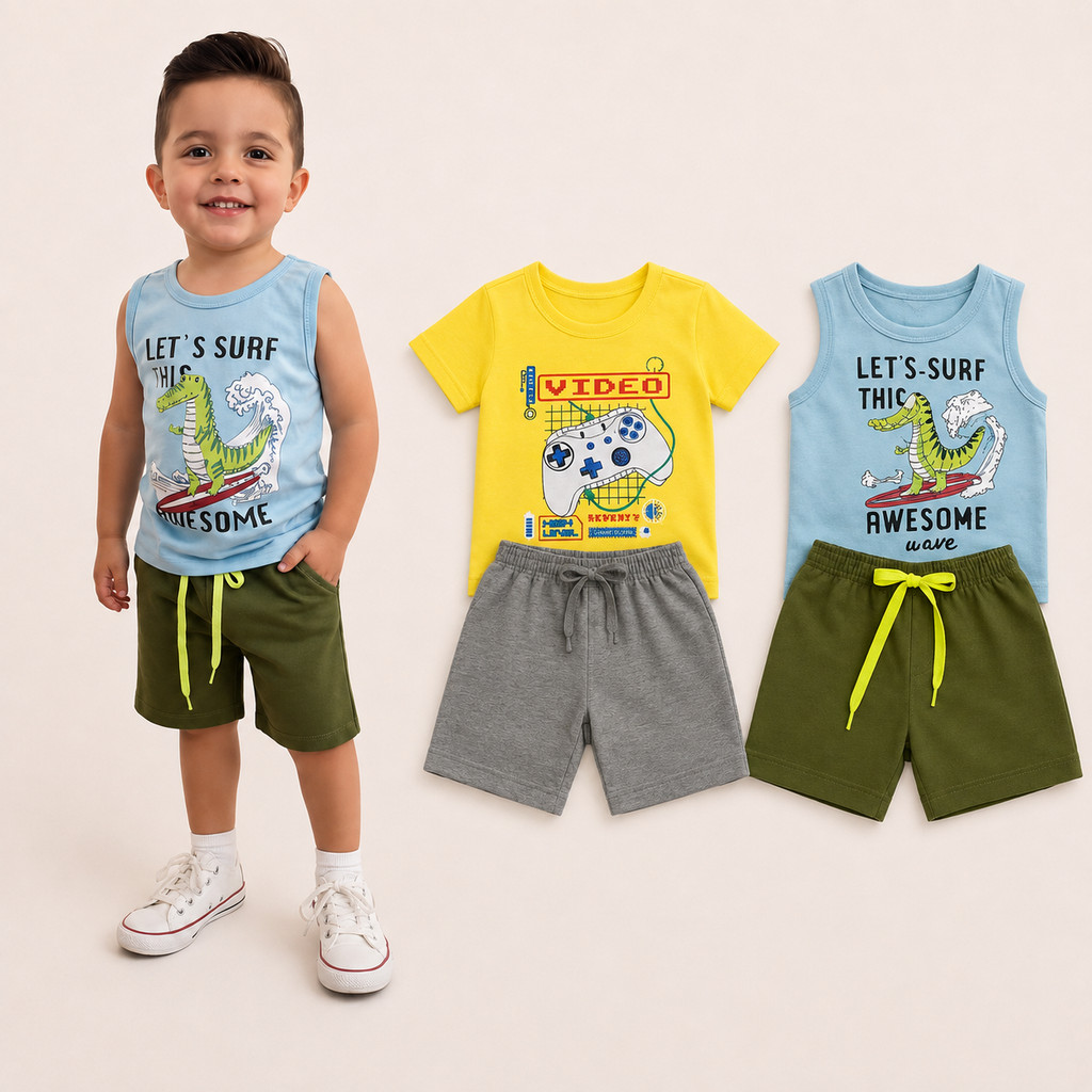 Kit 2 Conjunto Infantil Masculino Menino Verão Camiseta e Short Algodão Estampas Sortidas 1 ao 16