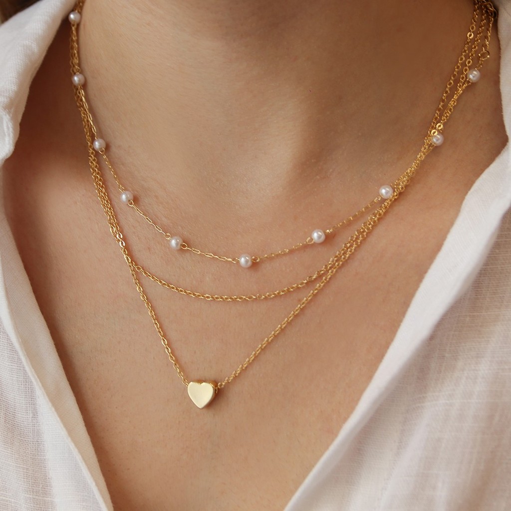 MIX DE COLARES PÉROLAS CORAÇÃO FOLHEADO A OURO 18K PIUKA
