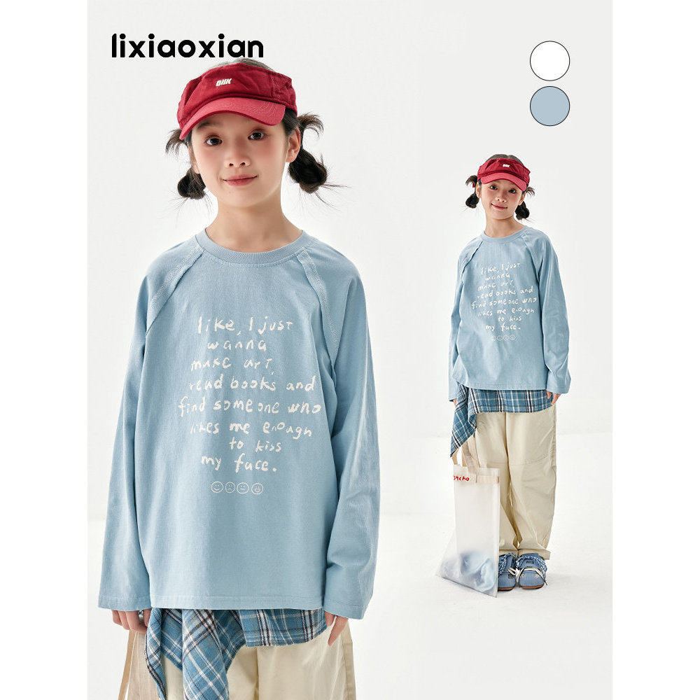 Li Xiaoxian Meninas Primavera Outono Novo Estilo Em Torno Do Pescoço Carta Impressa Camiseta de Manga Comprida Crianças 