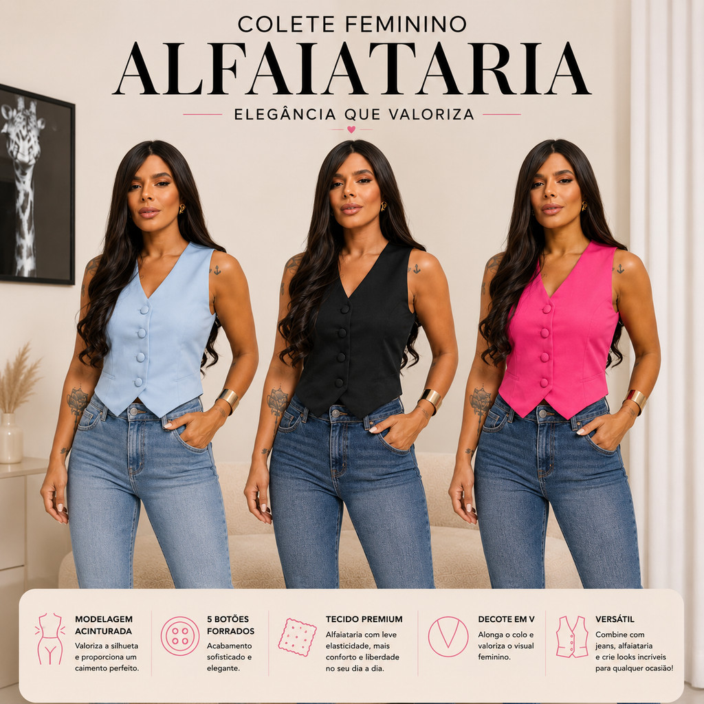 Colete Feminino Alfaiataria Social Premium Caimento Perfeito Botões Forrados do P ao GG