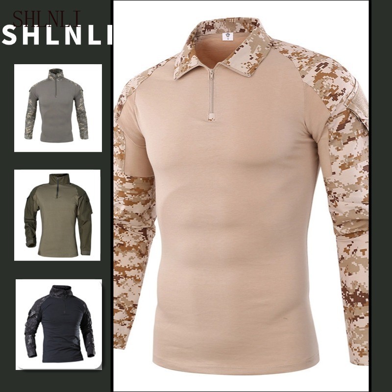 Camisa Masculina Primavera Outono Slim Top Meio Zíper Camuflagem Emenda Tática Ao Ar Livre Manga Comprida