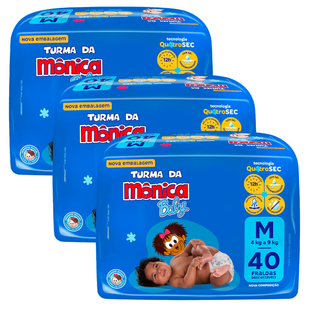 Kit 3 Fraldas Turma Da Mônica Mega M - 120 Tiras
