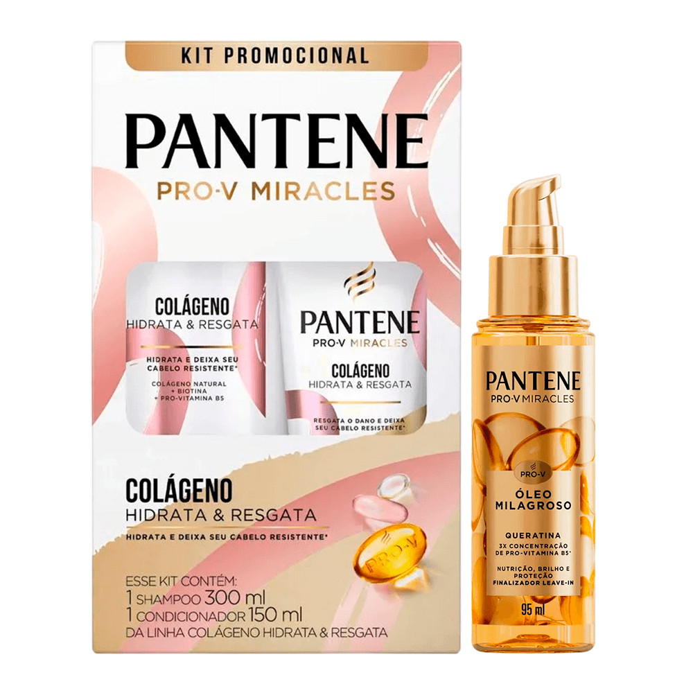 Kit Pantene Colágeno Shampoo 300ml + Condicionador 150ml + Óleo Milagroso Queratina 95ml