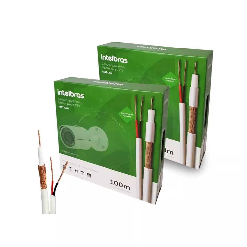 Kit 2 Cabos Coaxial Bipolar 4mm 2x26awg 67% 100m FC67CBR FAST CAM Intelbras