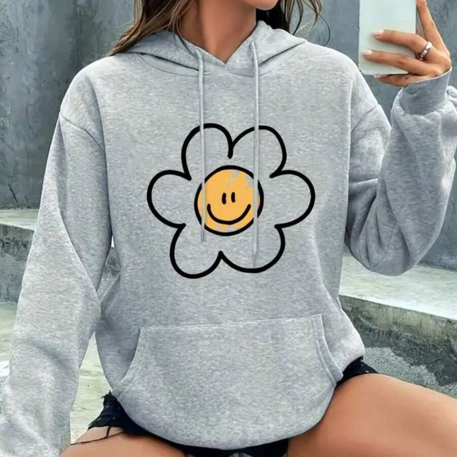 Moletom cangurú estampado flor amarela casual moletom flanelado confortavél com capuz e bolso ótimo para o inverno