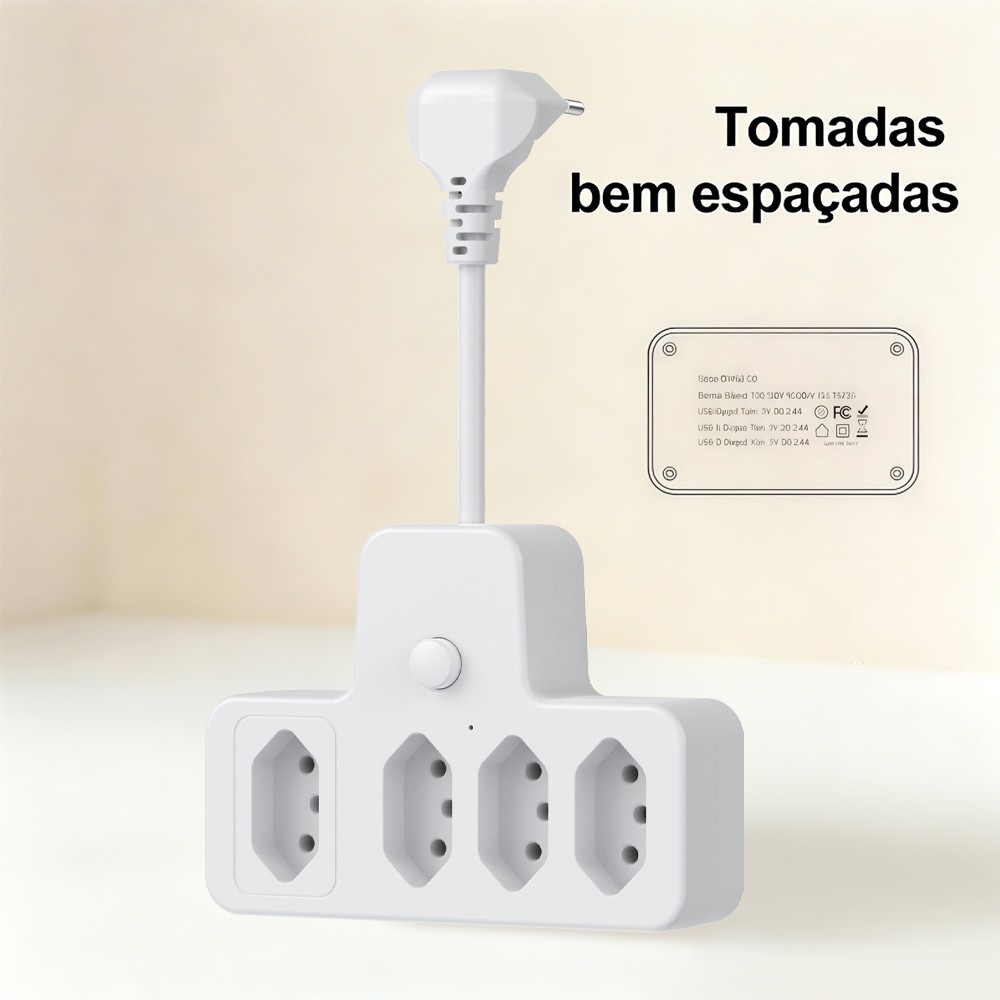 Extensão Elétrica Com Cabo 3 Tomadas Régua 2 USB 1 tipo-c