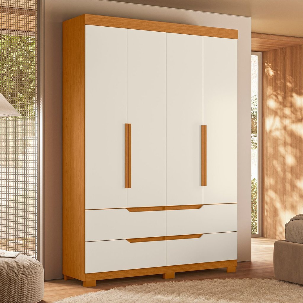 Guarda Roupa Solteiro 4 Portas 4 Gavetas Doble Marrom/Cinamomo/Off White Cinamomo/Off White