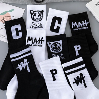 H HHR meias masculinas preto branco letras ins na moda All-Match estudante médio longo tubo preto branco esportes basque