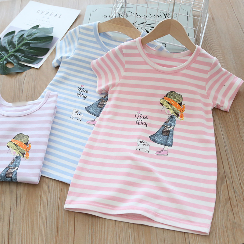 Meninas listrado camiseta 2019 verão novo estilo comércio exterior crianças bebê puro algodão dos desenhos animados meni