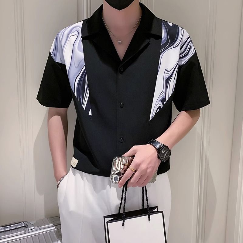 ❤Novidades❤❤ 2023 camisa de manga curta masculina versão coreana na moda costura camisa de manga média roupas masculinas