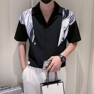 ❤Novidades❤❤ 2023 camisa de manga curta masculina versão coreana na moda costura camisa de manga média roupas masculinas