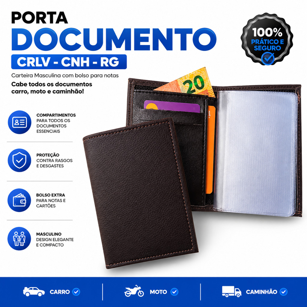Porta Documento CRLV - CNH - RG Carteira Masculina com bolso para notas, cabe todos os documentos carro, moto, caminhão