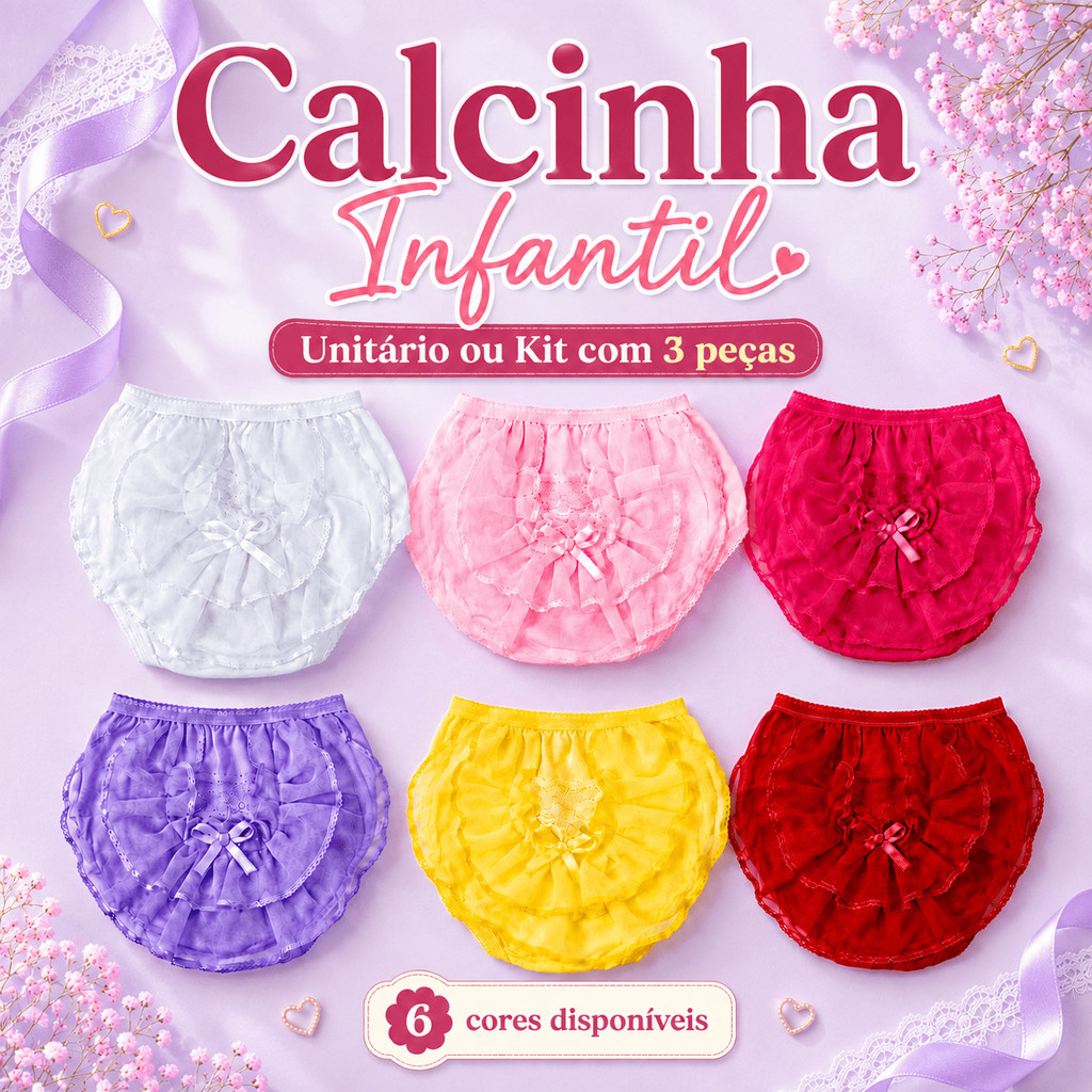 Kit Calcinha Infantil Menina Renda Babado Bunda Rica Super Macia Tapa Fralda Bebê Unitária