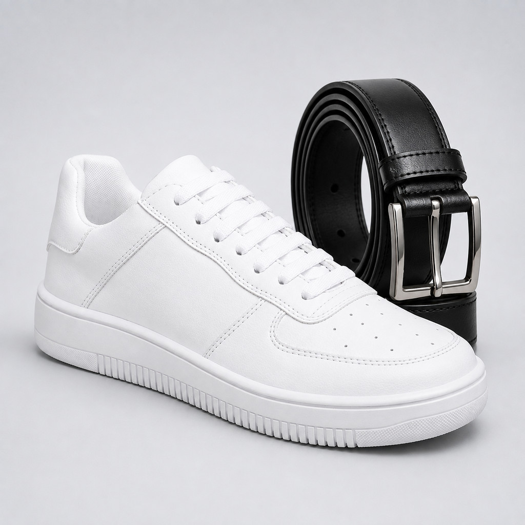 Tenis Force Air Masculino Casual Branco Preto Leve Confortável Macio + Cinto Dupla face