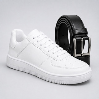 Tenis Force Air Masculino Casual Branco Preto Leve Confortável Macio + Cinto Dupla face