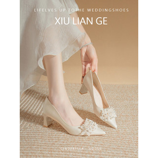 Sapatos de cetim francês feminino diário Wearable branco dama de honra com sapatos de casamento salto grosso presentes a