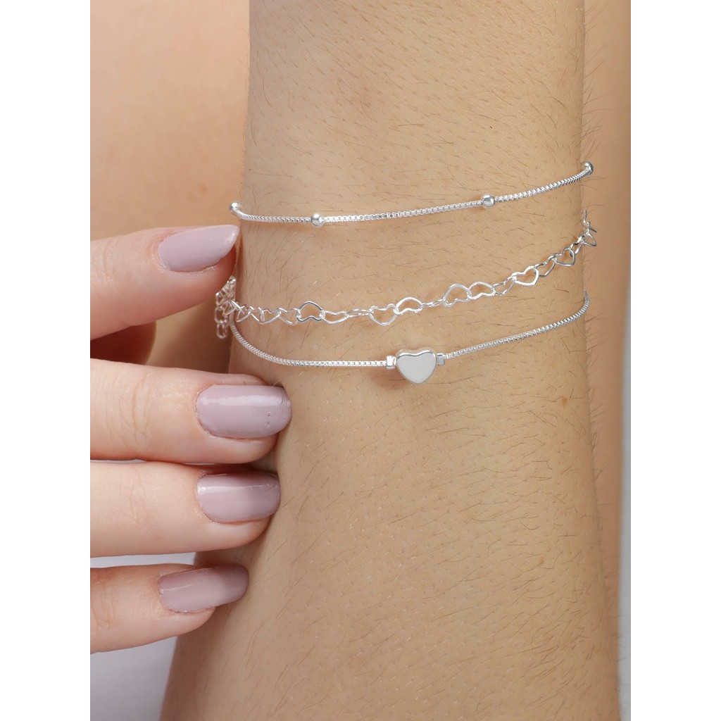 Kit 3 pulseiras prata F925, veneziana c/bolinhas, veneziana c/coração, elo coração
