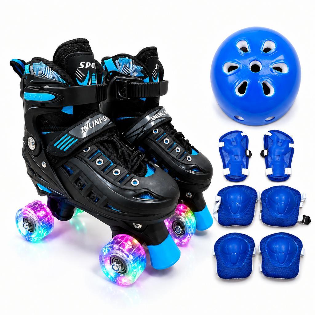 Patins Roller Azul Infantil 4 Rodas Ajustável com LED e Kit de Proteção Completo Menino