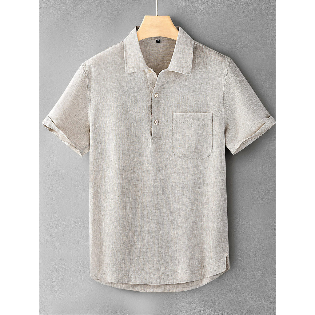 Camisa Polo de linho puro estilo dinheiro antigo masculina lapela camisa de manga curta masculina solta negócios Casual 