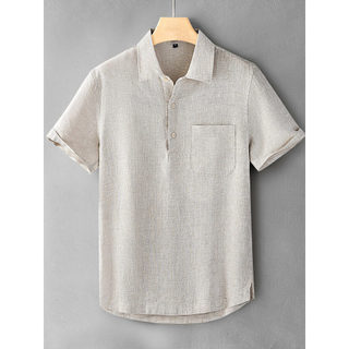 Camisa Polo de linho puro estilo dinheiro antigo masculina lapela camisa de manga curta masculina solta negócios Casual 