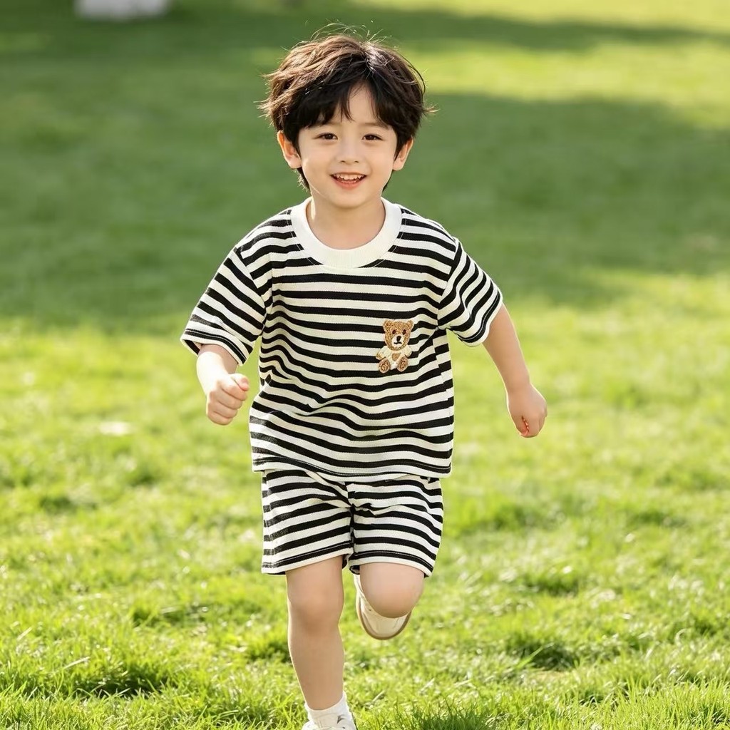 Novo estilo de verão crianças terno de manga curta listrado menina menino camiseta verão roupas de bebê versão coreana r
