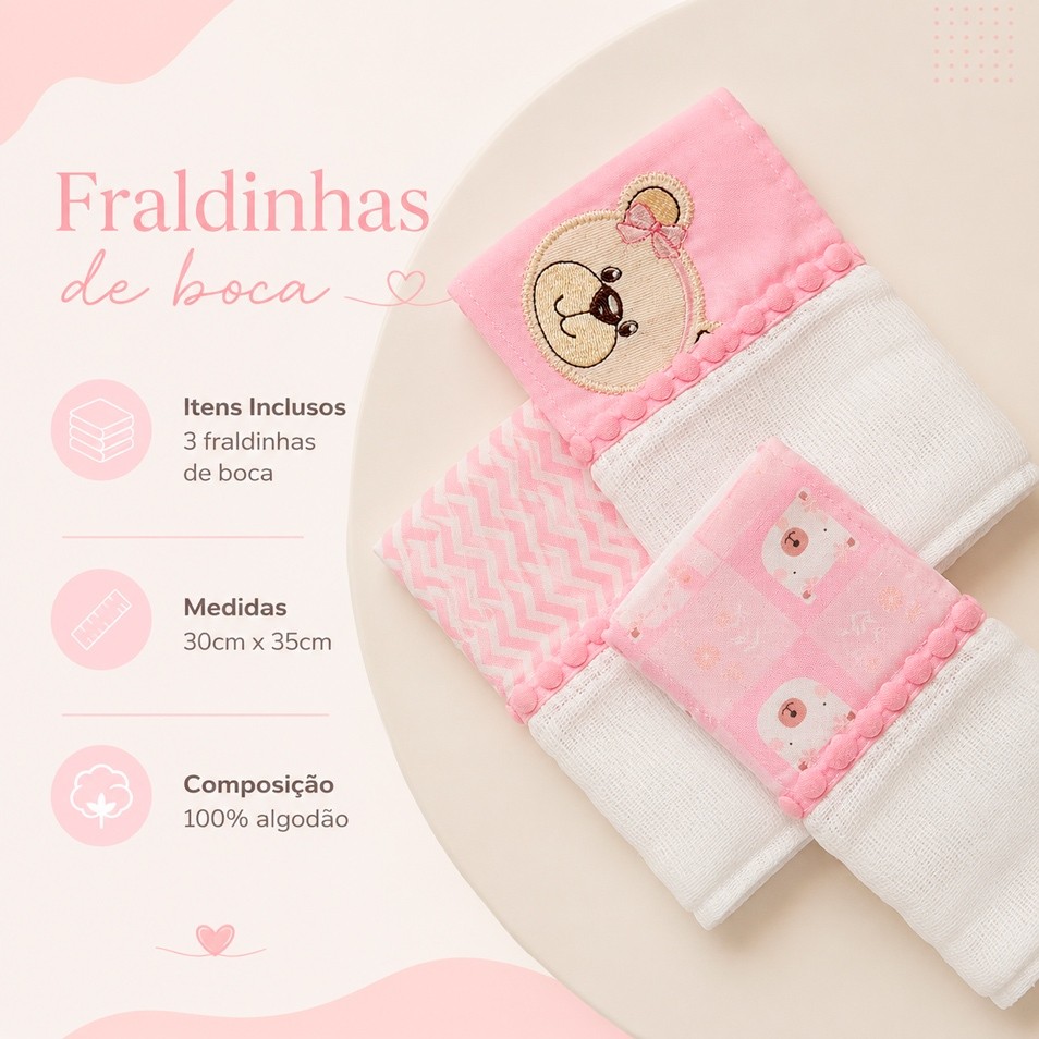 Fraldinha de Boca para Bebê 3 Peças 30x35cm Recém Nascido Enxoval