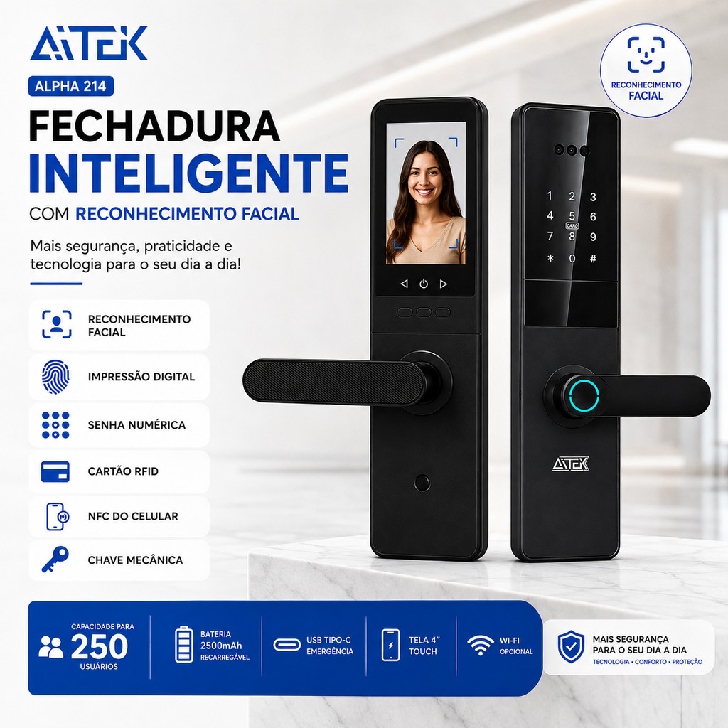 Fechadura Digital Inteligente Aitek Alpha 214 Facial Biometria Senha Cartão NFC Tela 4 Polegadas para Porta
