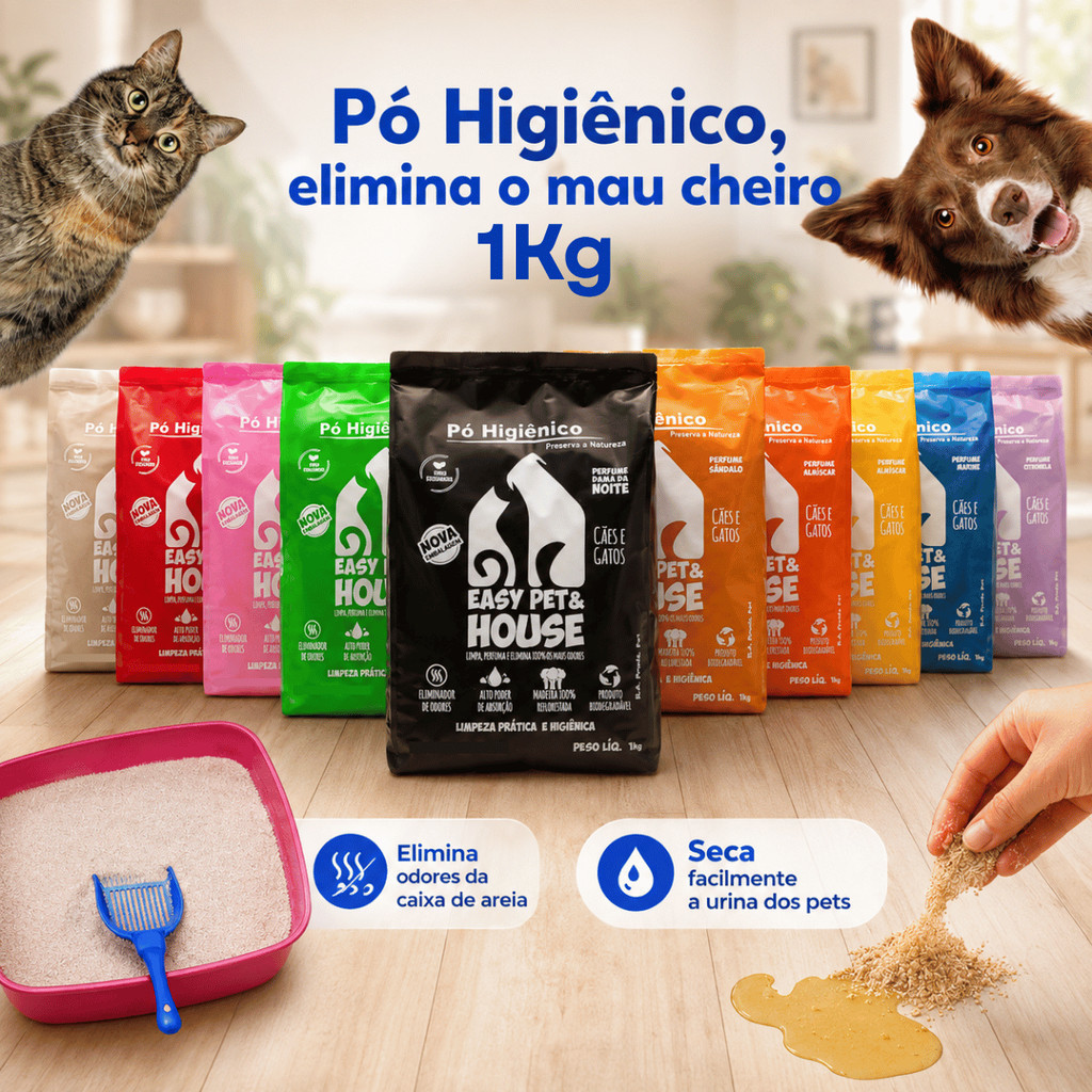 Pó Higiênico Eliminador de Odores Easy Pet & House 1 Kg Limpeza a Seco Seca Xixi