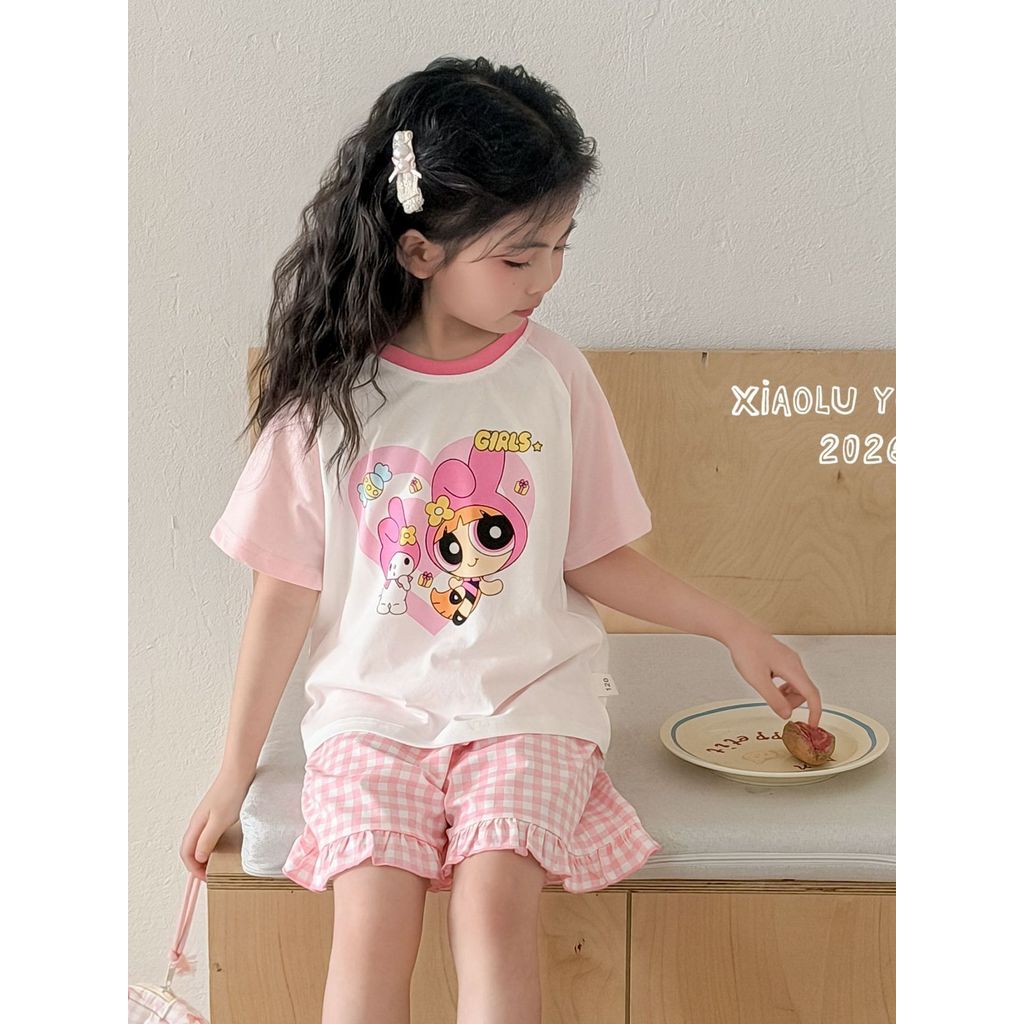 Meninas Modal algodão leve costura Shorts de manga curta pijamas conjunto meninas meninas superpoderosas verão classe A