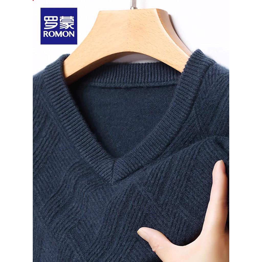 [Engrossado 100% lã de ovelha] Suéter Romon com decote em V masculino inverno gola coração suéter Base de malha MF
