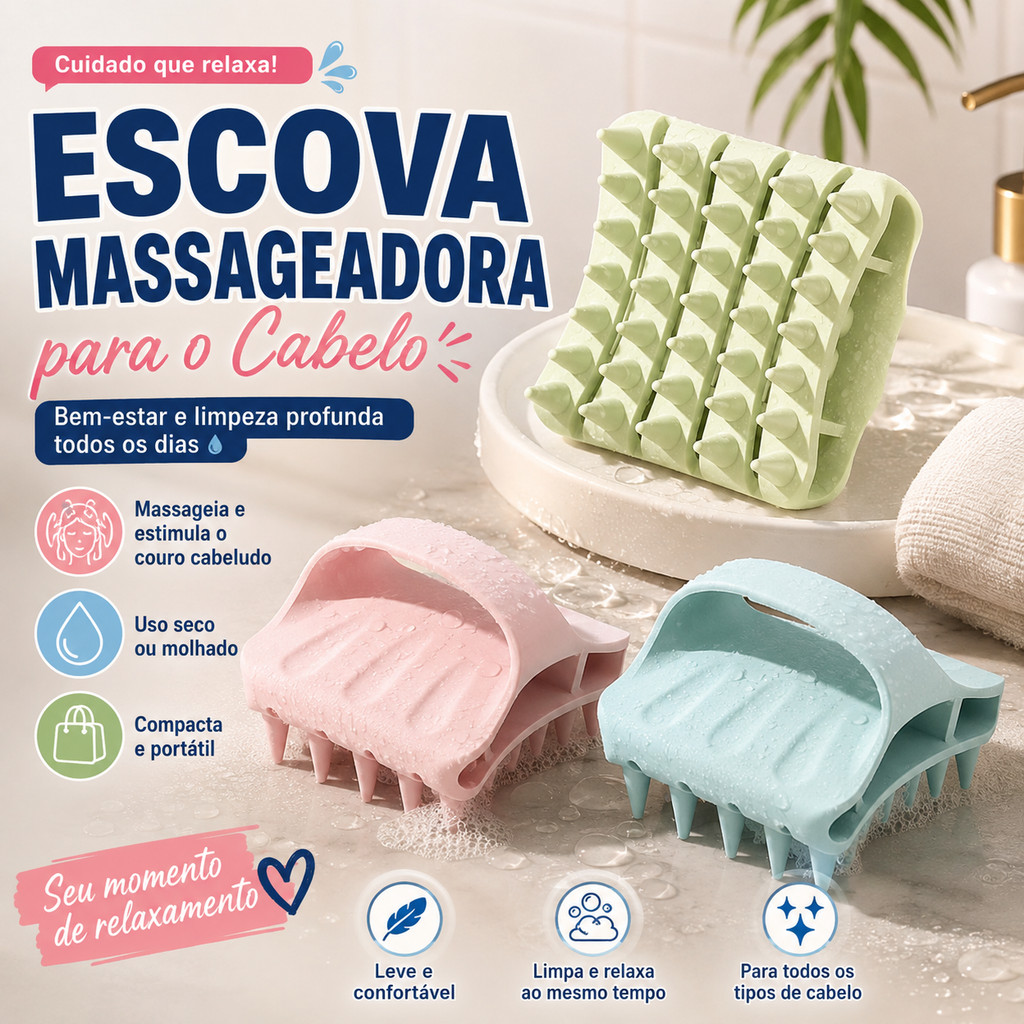 Escova Massageadora de Couro Cabeludo Antideslizante Cabo Flexível Portátil para Lavar os Cabelos no Banheiro de Casa