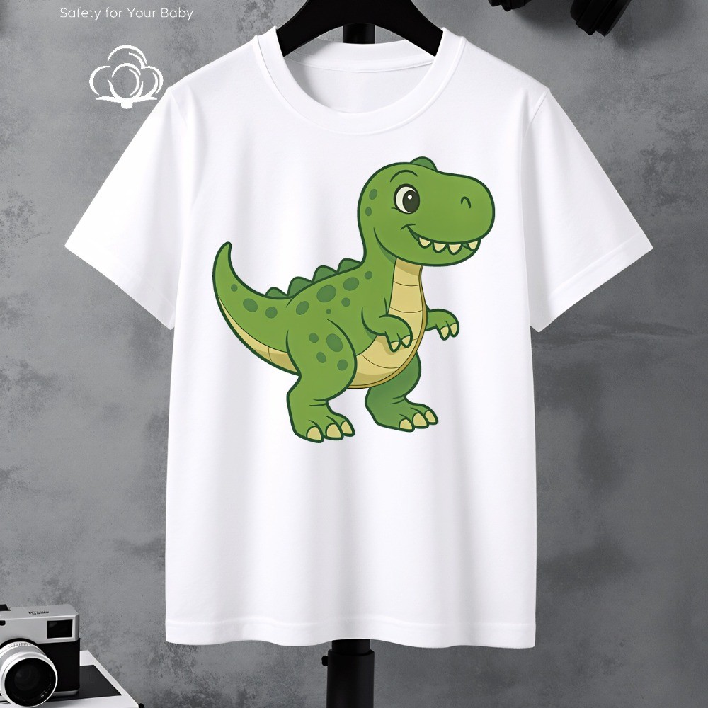 Camiseta infantil fofa e confortável 100% algodão estampada Dinossauro Verde Feliz look fofo e casual Unissex
