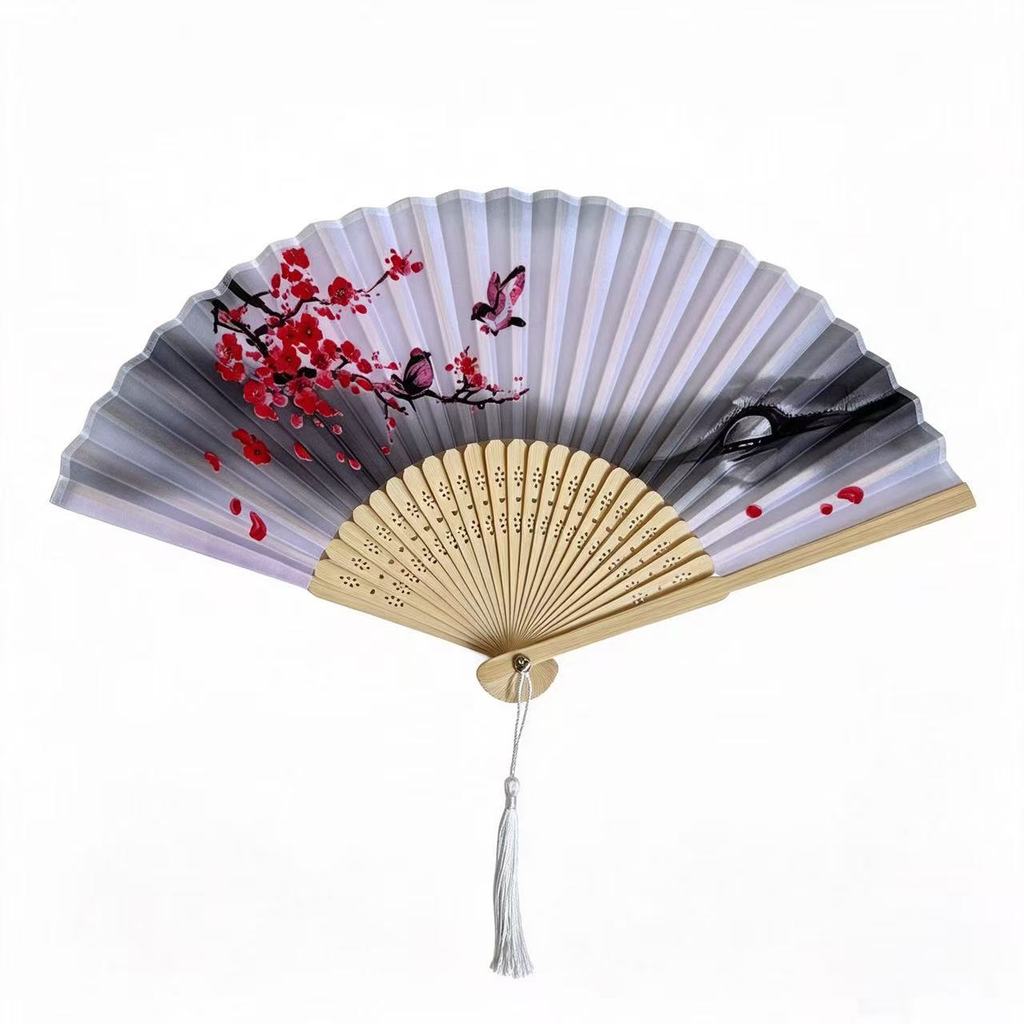 Leque de Mão 21cm com Pingente Tassel Pompom Bambu Japonês Oriental Preto Minimal