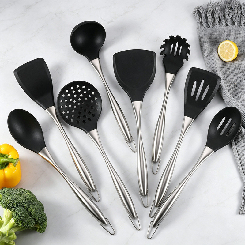 Estoque pronto Espátula de silicone antiaderente 304 Conjunto de utensílios de cozinha de silicone em aço inoxidável Col