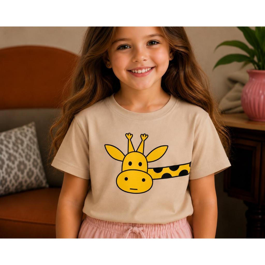 Camiseta Infantil Girafa Divertida Amarela – 100% Algodão | Estampa Fofa | Tamanhos 2 ao 6 Anos