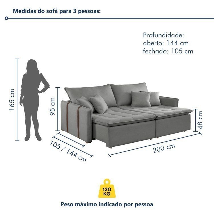 Sofá Cama Retrátil e Reclinável 3 Lugares Linho Cinza Detroid 200cm Yescasa Linho Cinza — imagem 2 de 2