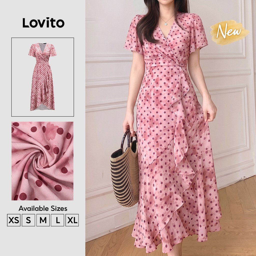 (New Arrival) Lovito Vestido Elegante com Babado e Zíper Assimétrico Rosa Primavera/verão para mulheres DRK9P1D1011
