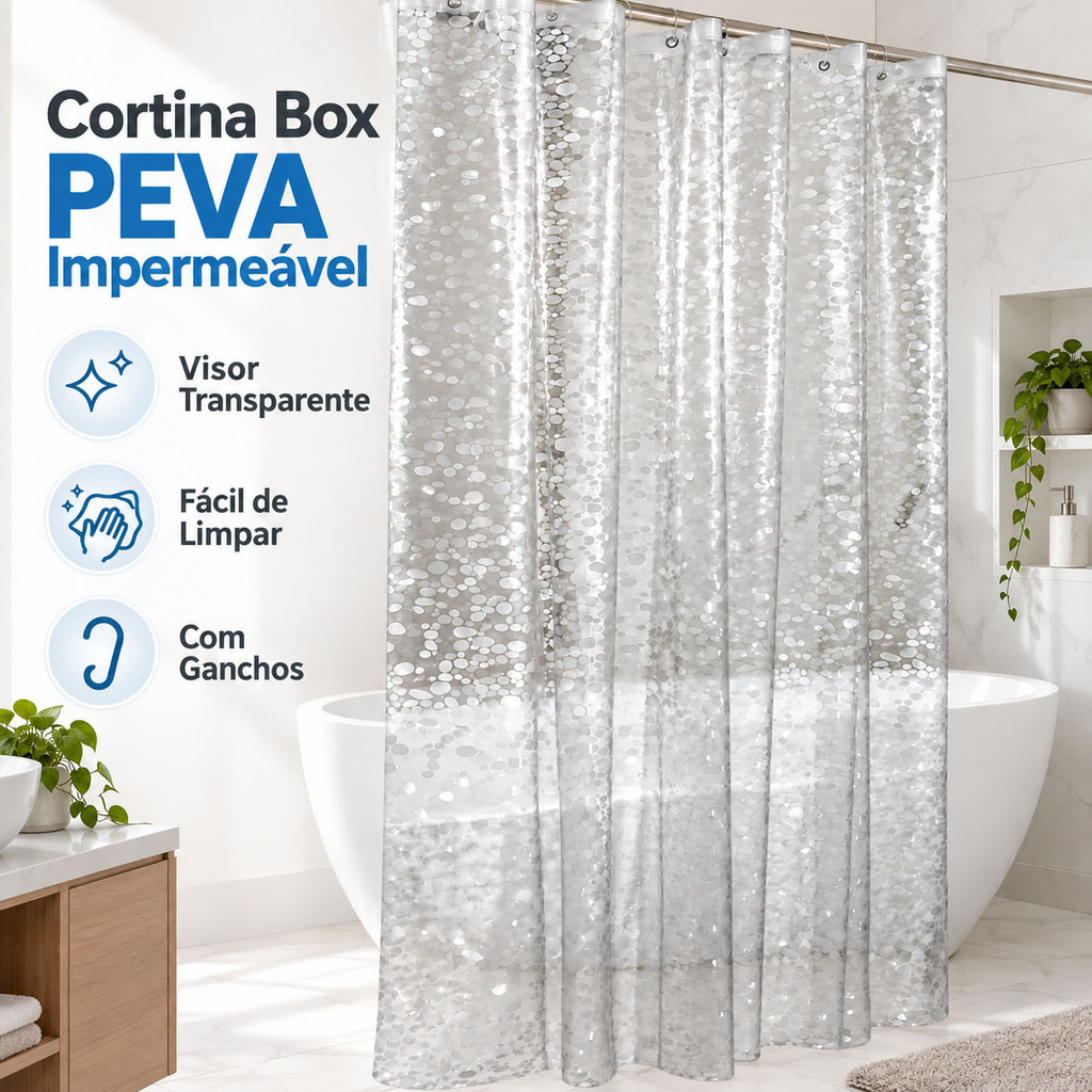 Kit Cortina Banheiro Box Antimofo Impermeável 3D Cubo/Seixos Com Ganchos