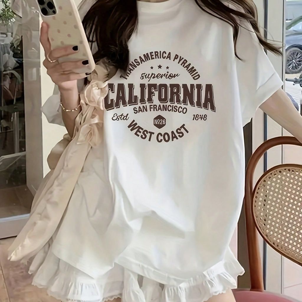 Camiseta Feminina California West Coast de Manga Curta Blusa Casual 100% Algodão Lançamento Estilo