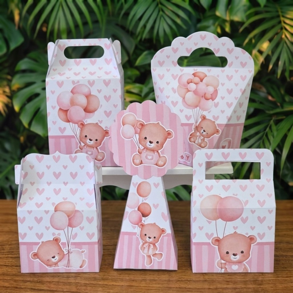 Kit Festa Caixinhas URSINHA ROSA chá de bebê fraldas revelação lembrancinhas personalizadas infantil decoração mimos