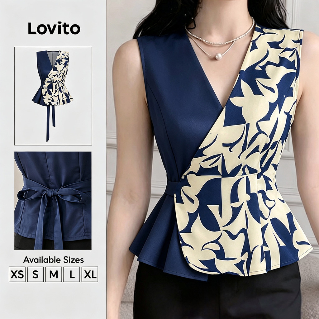 Lovito Elegante Blusa Com Costura Em Cores Contrastantes Blusa Feminina Primavera/Verão Floral BLB199P2D436