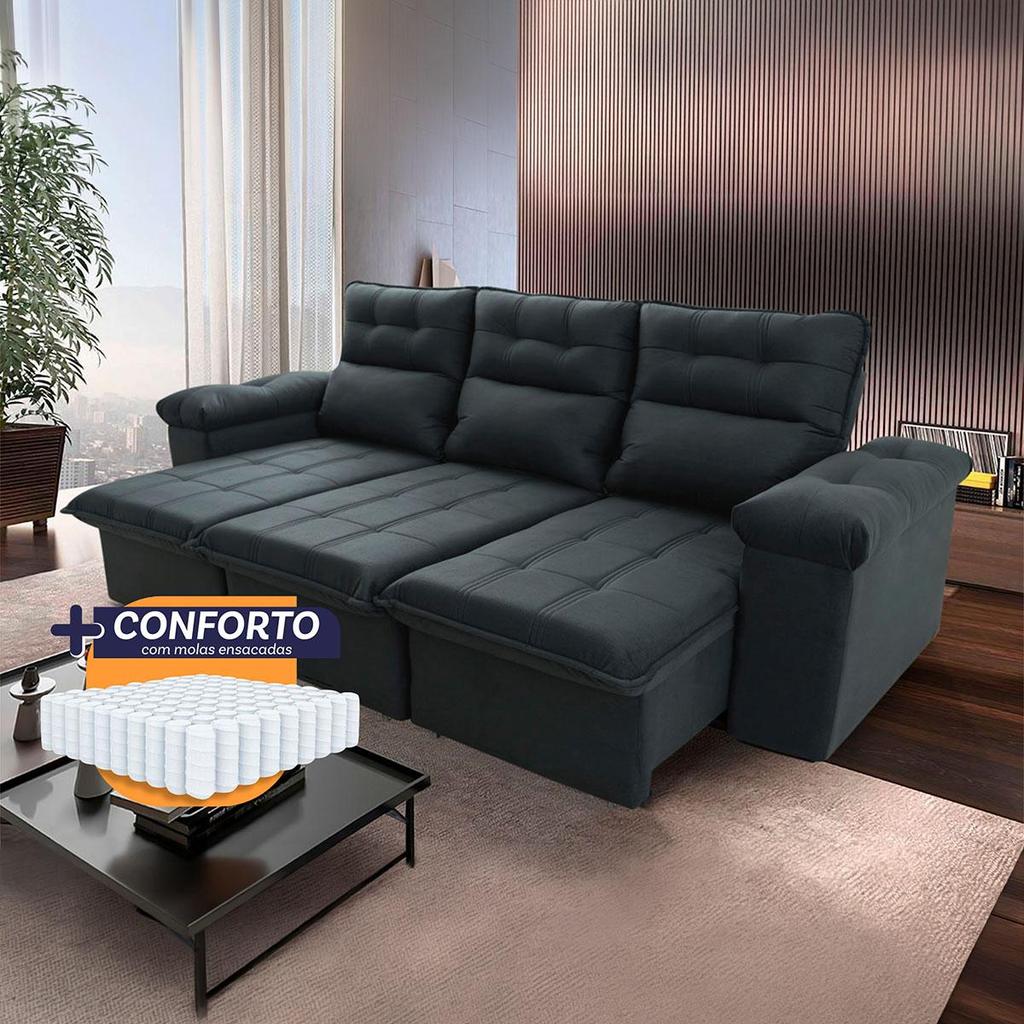 Sofá Retrátil/Reclinável Verona 2,30m Suede Velut Cinza Lunar c/ Molas Ensacadas - King House