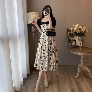 Puro desejo estilo Design mais magro olhar costura Floral saia feminina 2023 pescoço quadrado manga Puff a linha vestido