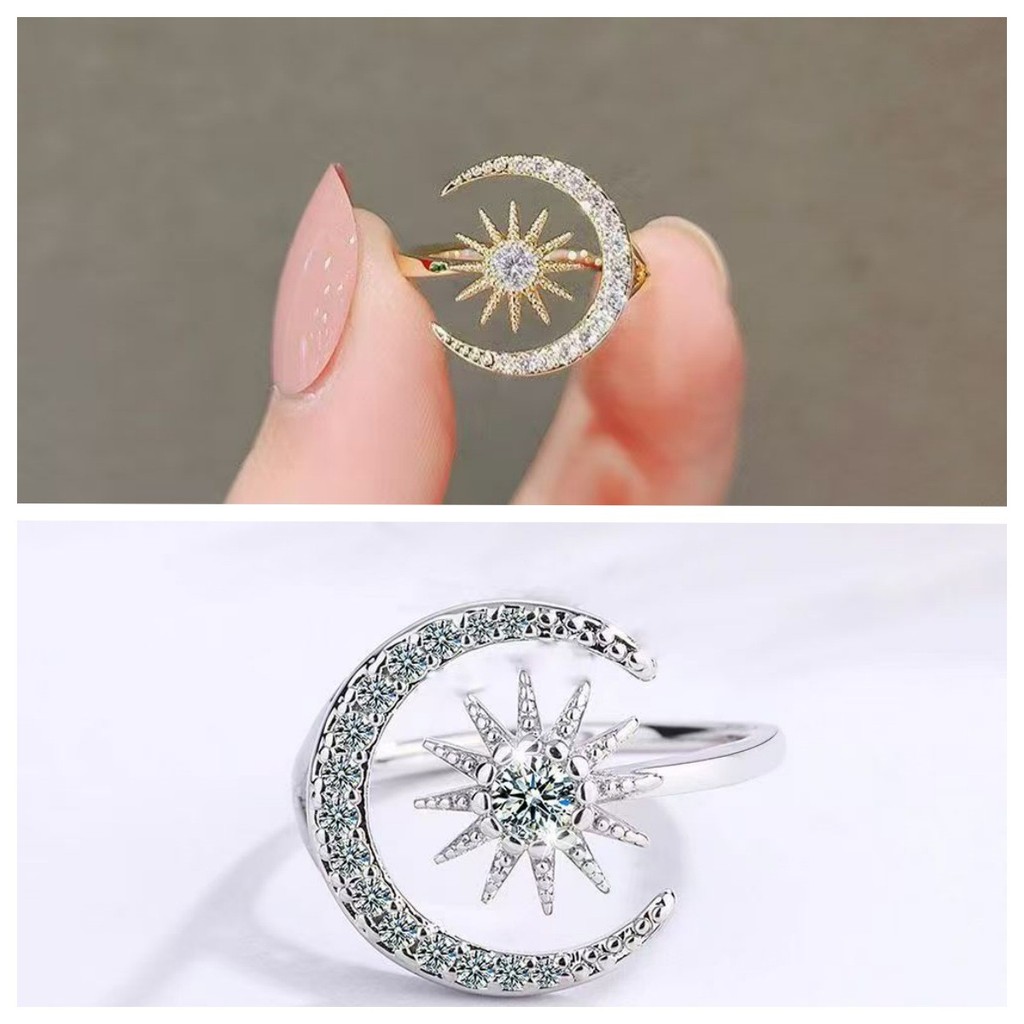 Anel feminino de sucesso, estilo delicado e moderno, com diamantes e design de lua, anel ajustável, anel de dedo, anel d
