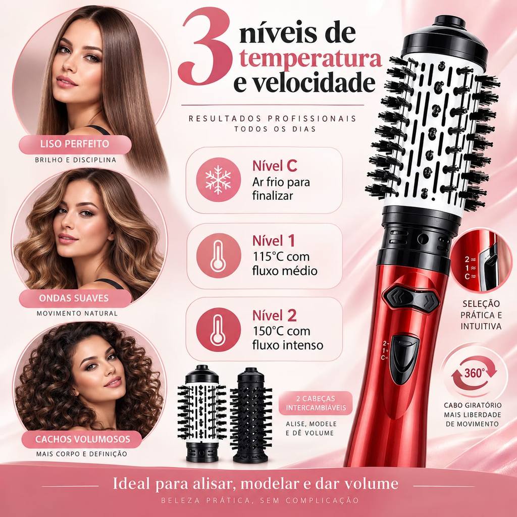 Escova Rotativa Secadora E Alisadora Cerâmica 1000W 3 Em 1 2026
