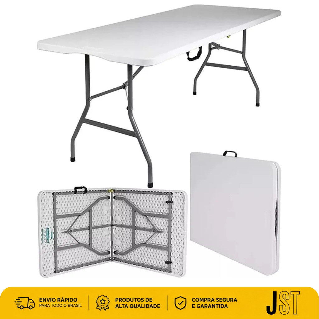 Mesa Dobrável Portátil 1,80m Vira Maleta Camping Branca JST com Alça 150kg
