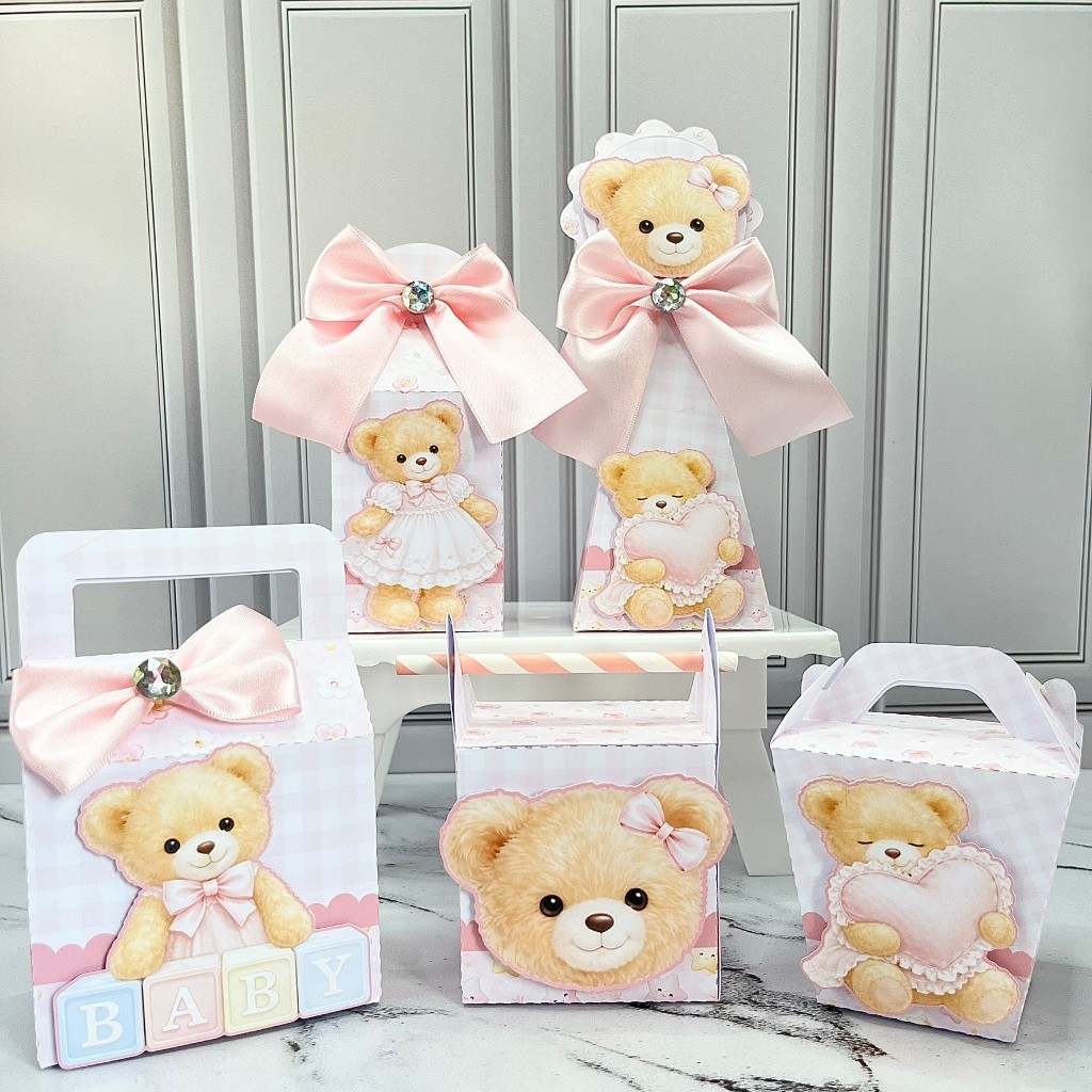 Kit Festa Personalizado Chá Revelação Ursinha Baby Girl Caixinha Personalizada Lembrancinha Festa